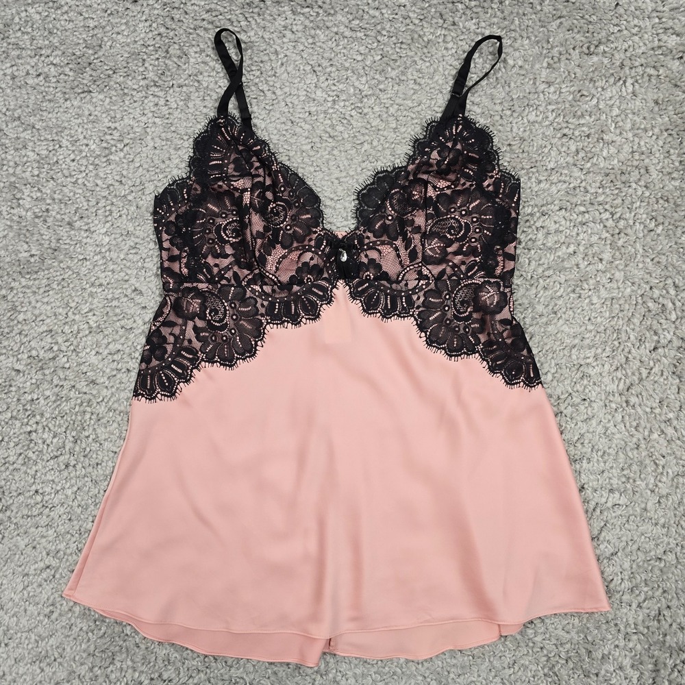 Soma Signature Floral Lace Cami Women Large Pink Black Bow Rhinestone Romantic